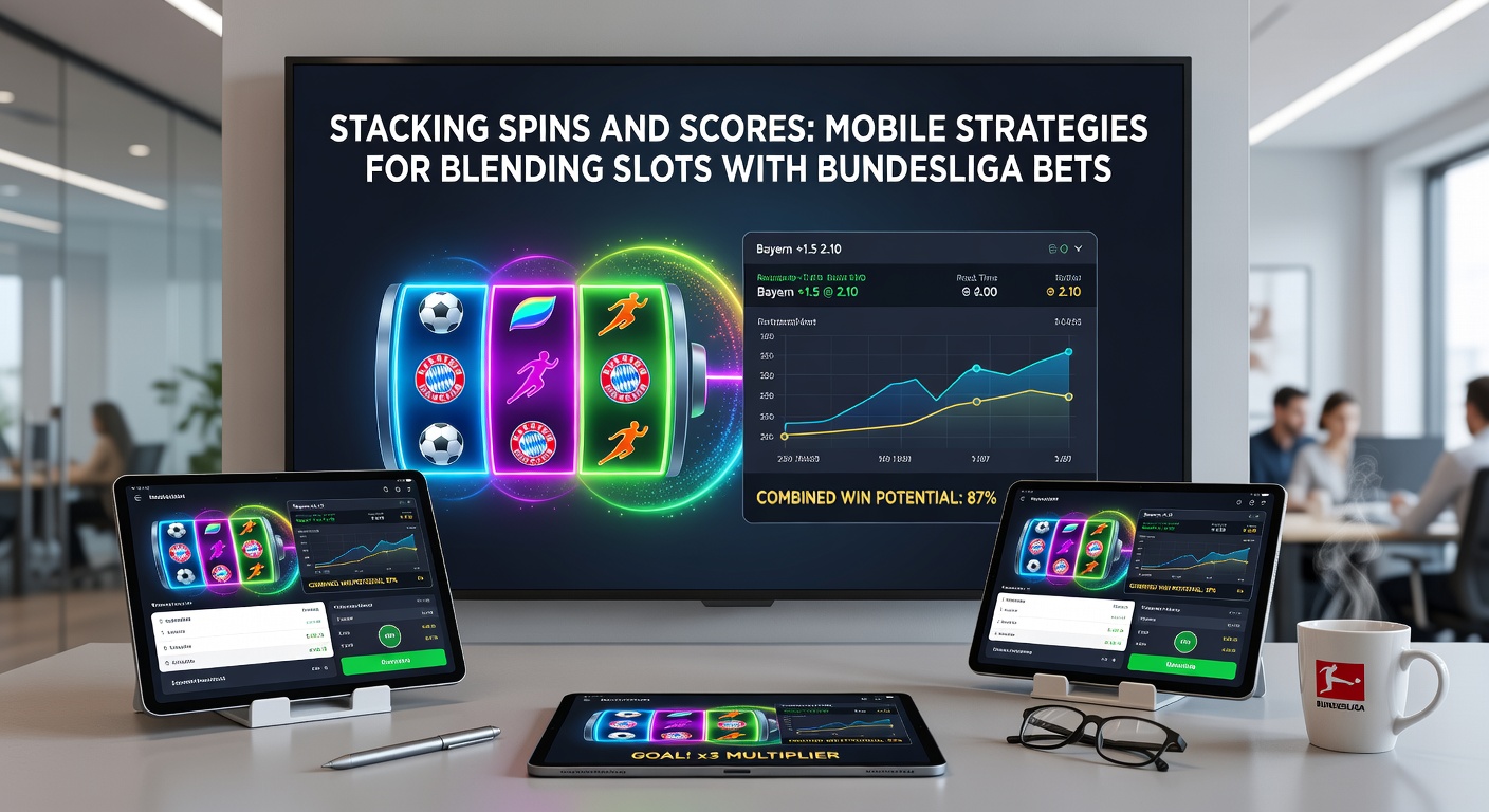 Grafik mit Strategie-Überlagerung von Bundesliga-Scoreboard und Slot-Walzen auf mobilem Display, inklusive Quoten und RTP-Anzeigen